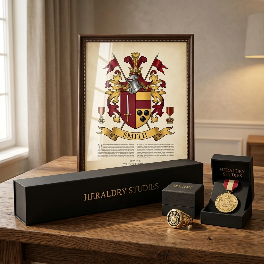 Framed coat of arms print with presentation boxes, signet ring and legacy medal