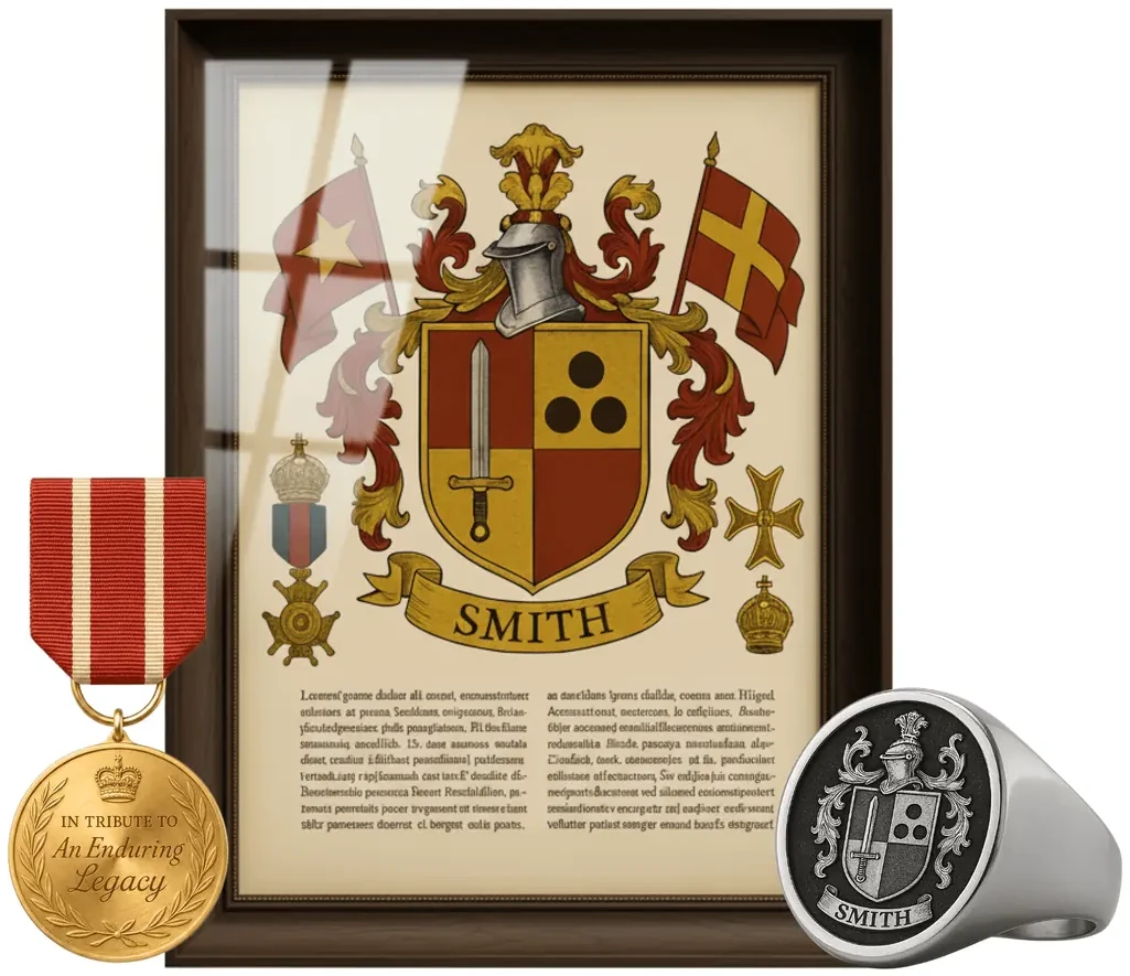 Framed coat of arms with legacy medal and signet ring