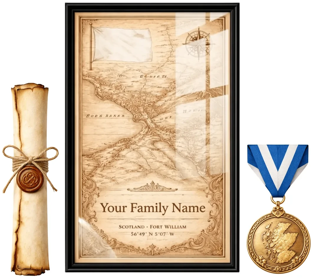 Framed origins map with name scroll and clan medal