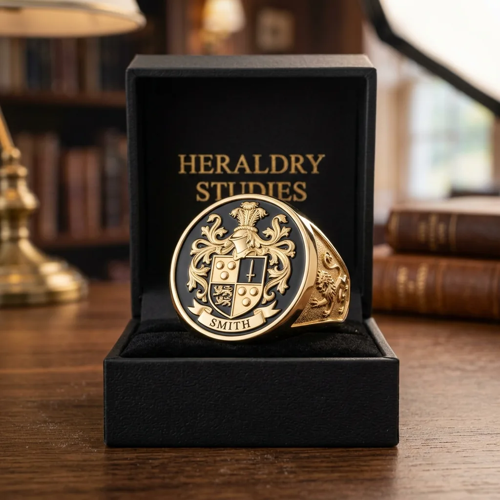 Gold signet ring engraved with the family coat of arms in its presentation box