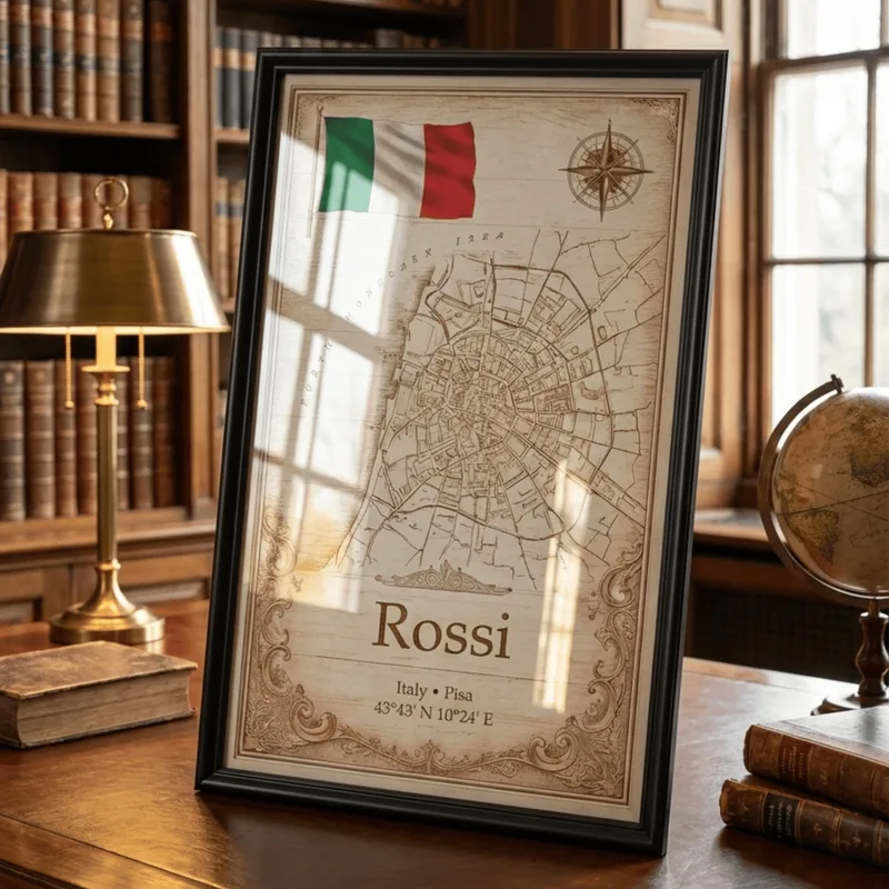 Framed origins map on a desk
