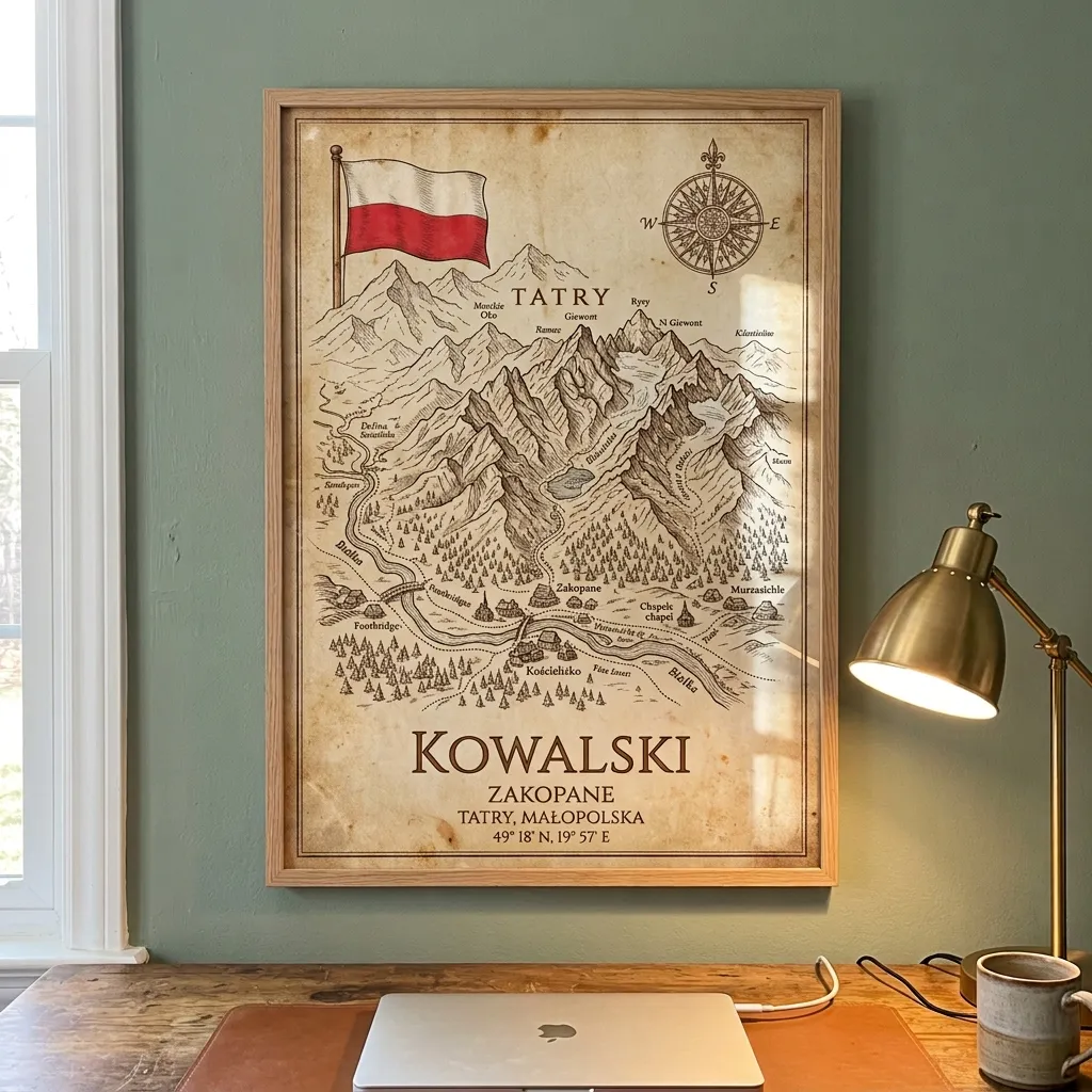 Customer photo of a framed family origins map at home