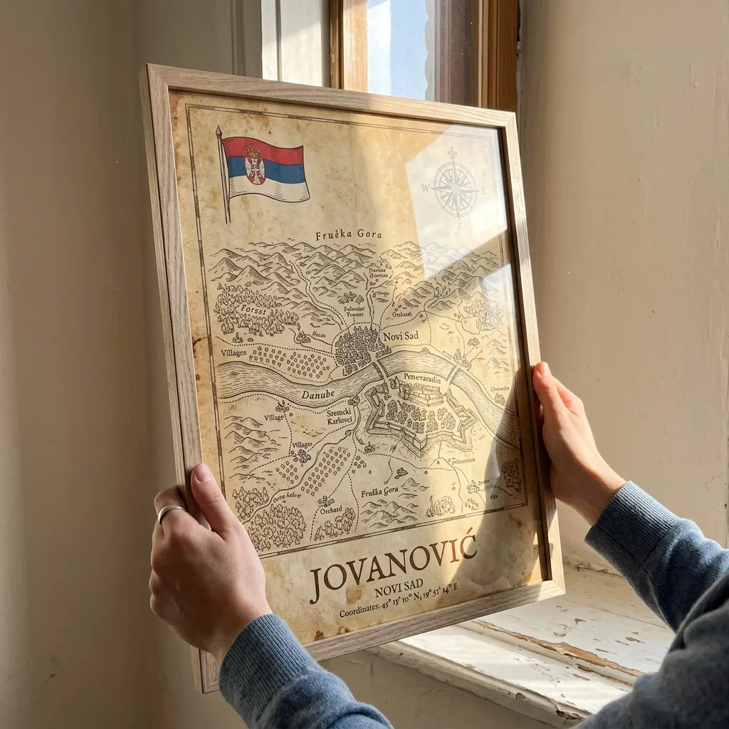 Customer photo of a framed family origins map at home