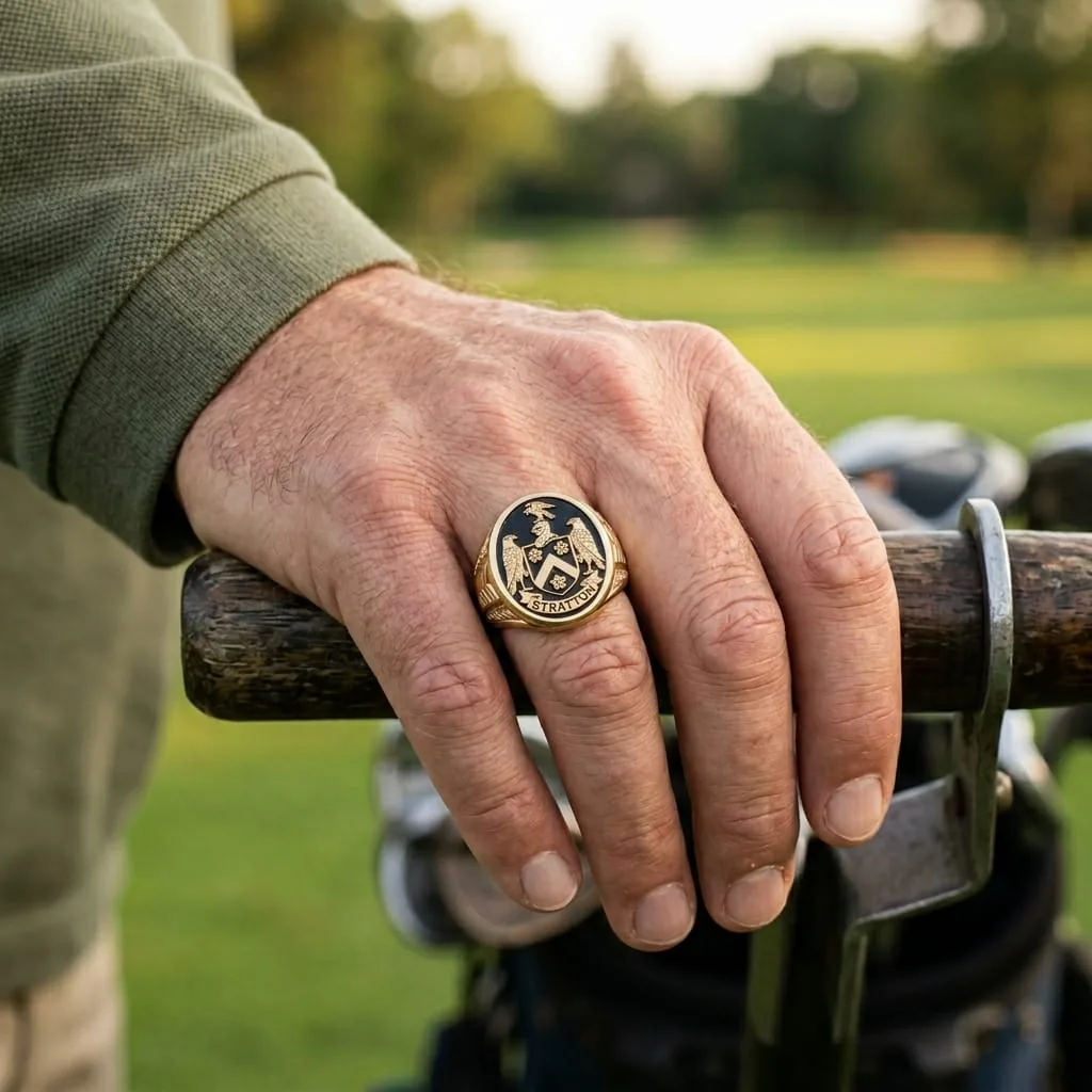 Gold signet ring worn on the hand, engraved with the family coat of arms