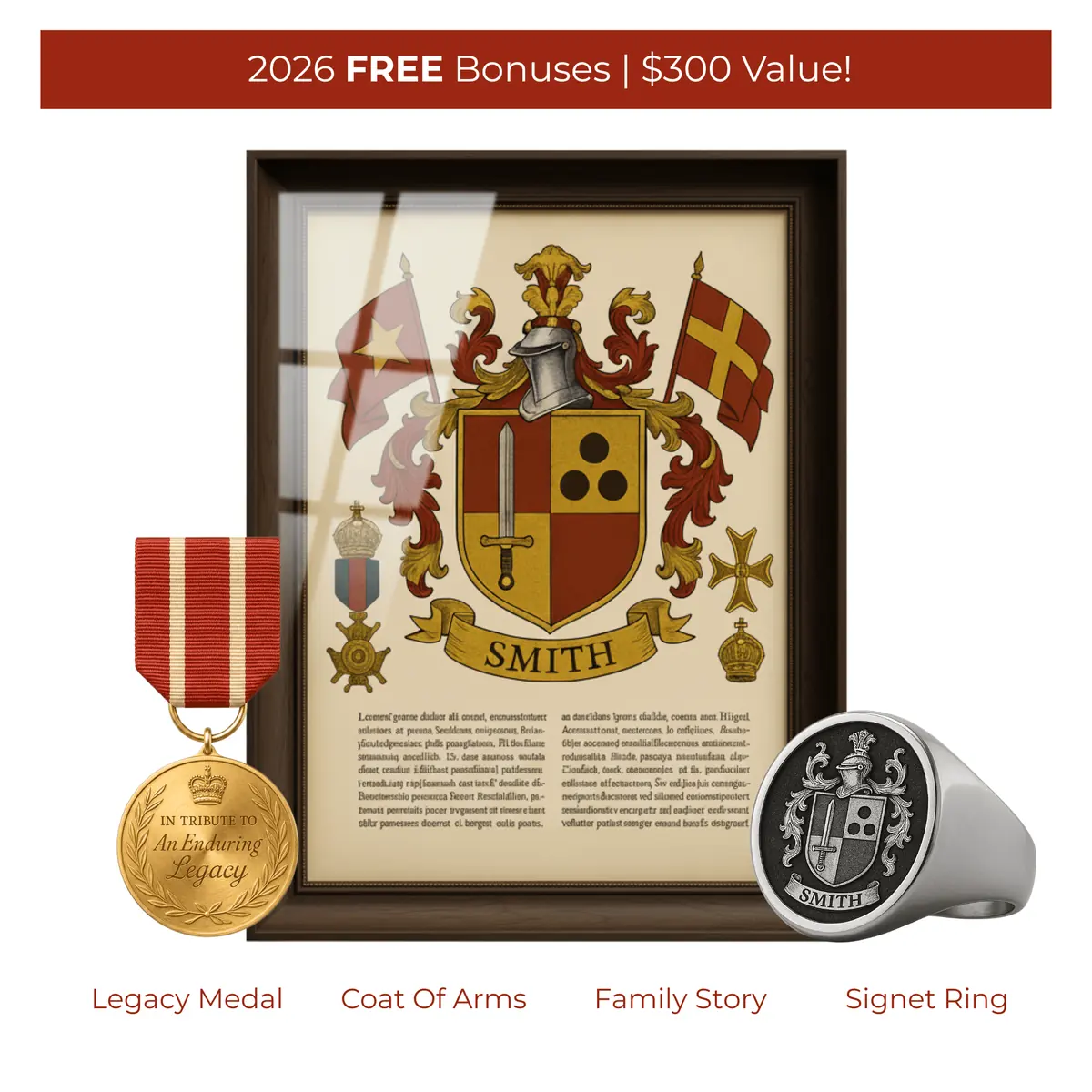 The Full Family Package: framed coat of arms, legacy medal, family story and signet ring