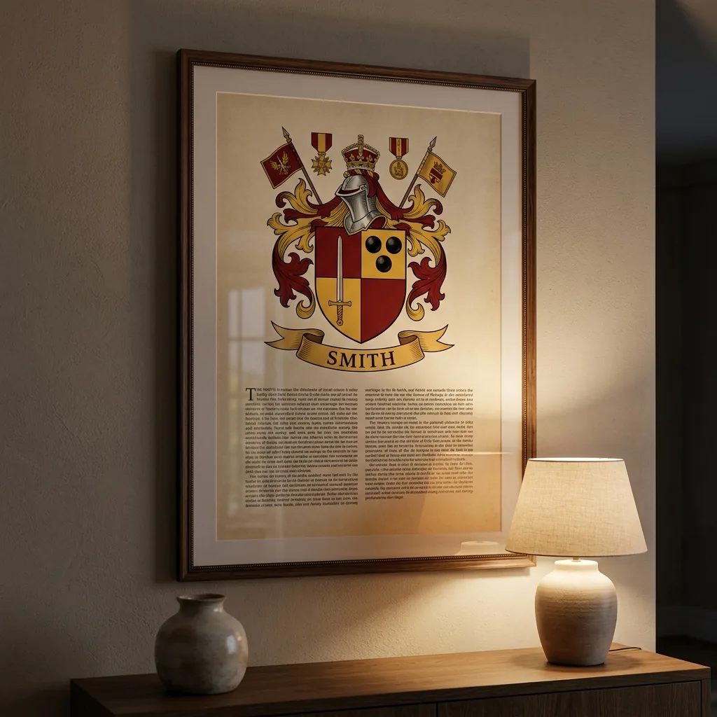 Framed family coat of arms print hanging on a living room wall